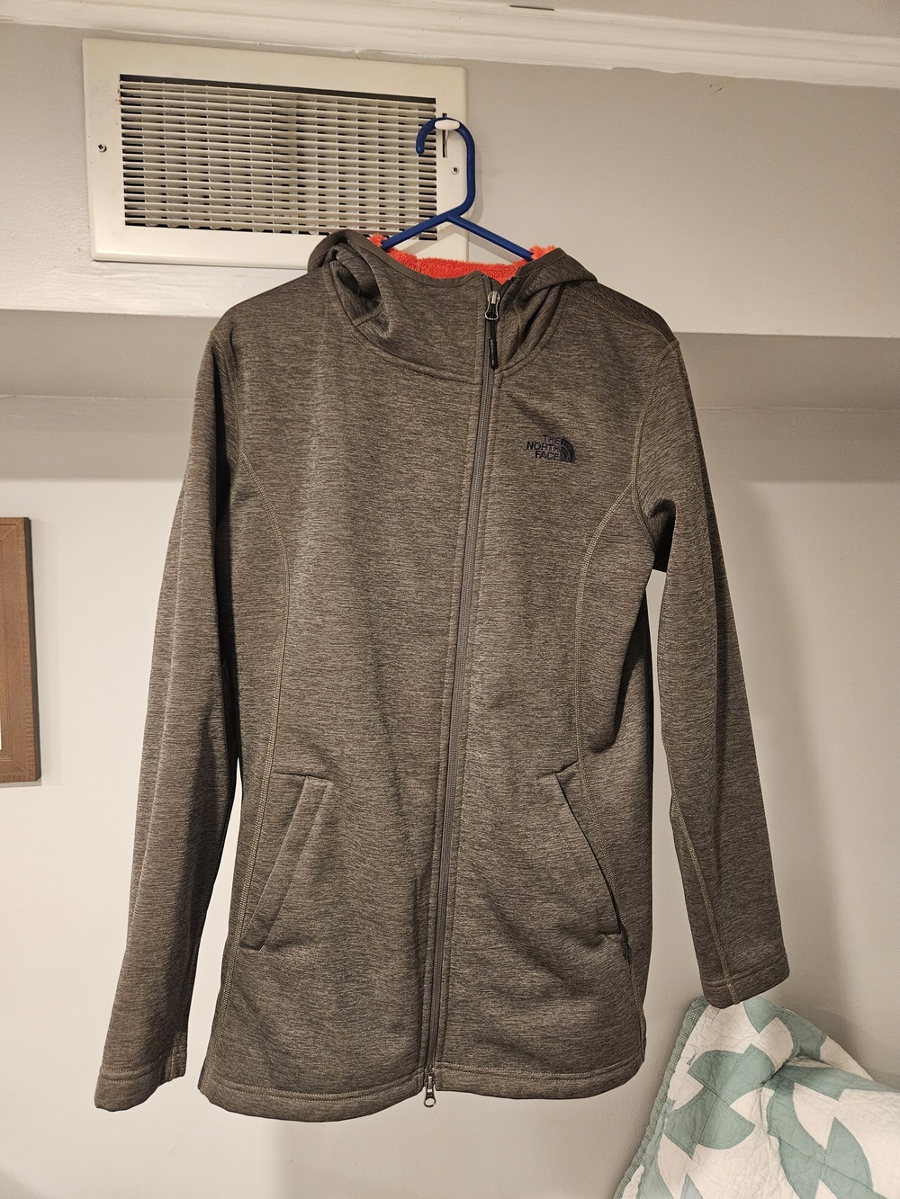 The North Face Womens Hooded Fleece Jacket - Gray/green with Orange/red Lining